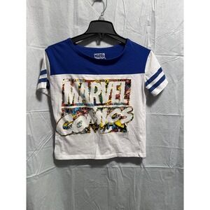 Marvel Comics Graphic Cropped T-Shirt Blue White Striped Sleeve Top Size S
